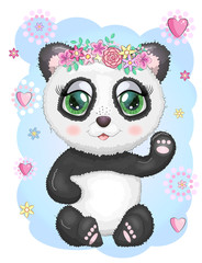 Cute romantic panda with wreath of flowers.
