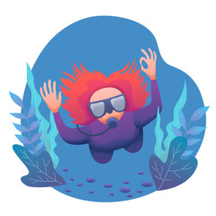 Conceptual flat banner design with noises. Woman in an underwater suit with a mask and scuba diving in the water among the plants. World Ocean and Sea Day. Diver at bottom of sea. Vector illustration