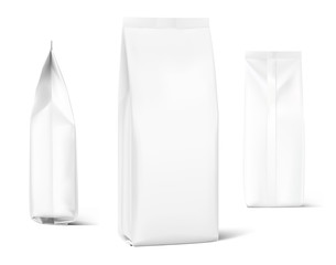 Realistic food bags isolated on white background. Front, side and isometric view. Vector illustration. Can be use for template your design, presentation, promo, ad. EPS 10.	