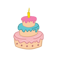 Birthday cake. Cake with a candle. Vector color illustration in cartoon style. Flat drawing style.