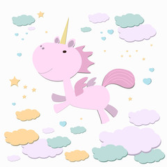 Unicorn. Vector illustration in cartoon style. Children's drawing. Unicorn in the clouds.
