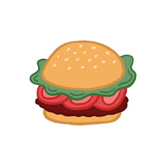 Hamburger. Burger Vector color illustration in cartoon style. Drawing fast food. Cheeseburger drawing