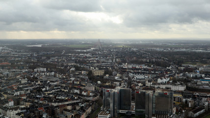 Dusseldorf, Germany - February 20, 2020. Scenic view of the city of Dusseldorf, the embankment of the river and the Rhine. Aerial view of a European city in Germany. Aerial view of a drone. Panorama.
