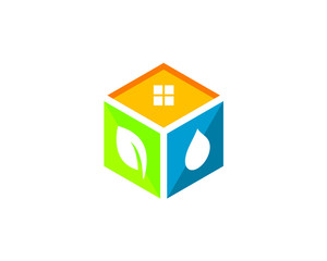 colorful 3d cube as composition of 3 parallelogram with different icon and meaning : window, leaf and water drop