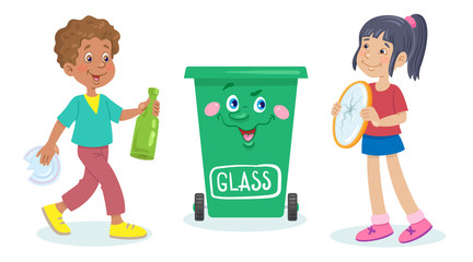 Children carry glass waste in a green dustbin. Separate garbage collection. In cartoon style. Isolated on white background. Vector illustration.