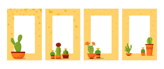 Composition of cacti on a yellow abstract background with a place for writing text.