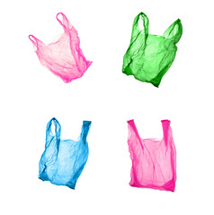Plastic bags of different colors on a white background.