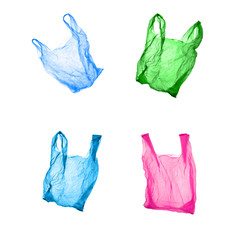 Plastic bags of different colors on a white background.