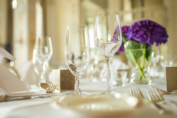 Close up shot of beautifully set table in restaurant