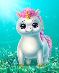 unicorn stands on the background of a flower field