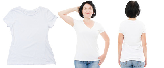 T shirt closeup, Front and back views of middle-aged woman in stylish t-shirt on white background. Mockup for design