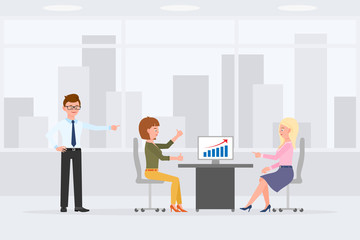Obraz premium Two woman sitting at desk, meeting, discussing sales report in office workplace vector illustration. Man standing, pointing finger, girl and lady talking at table cartoon character design