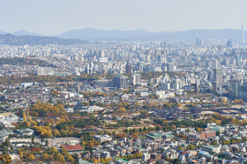 Aerial panorama of the Gyeongbokgung palace in Seoul in South Korea.