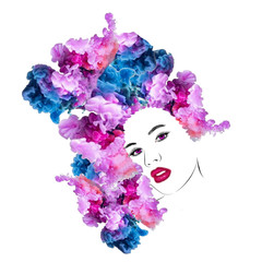 Stylized portrait of a beautiful girl with abstraction elements with watercolor splashes and blots on a white isolated background 