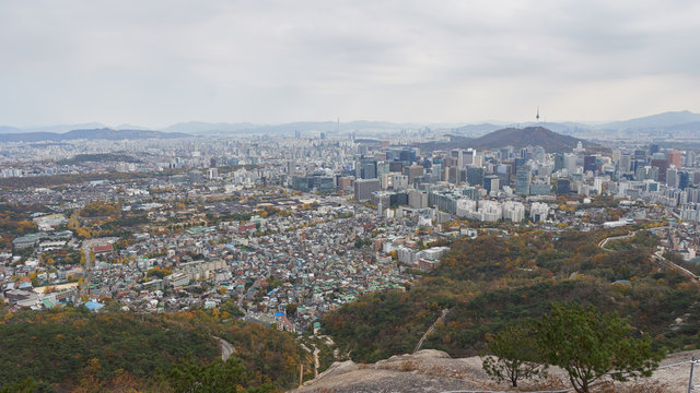 Aerial panorama of the Seoul in South Korea from the top of Inwangsan mountain.