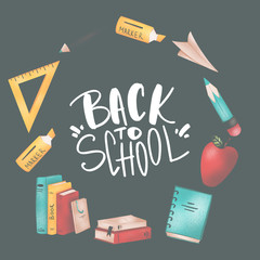 Hand lettering back to school square postcard with office, books, digital art apple on a dark background. Print for banners, posters, web, posts, textiles, advertising, paper products, packaging.