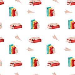 Stack of books with colorful covers. Digital art seamless pattern on a white background. Print for banners, posters, web, posts, textiles, advertising, paper products, packaging.