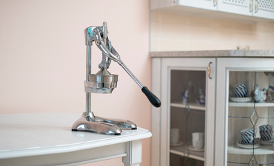 a steel pusher juicer press on the shelf at home in the kitchen