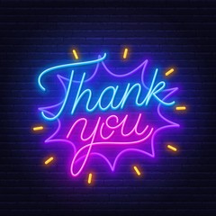 Thank you neon lettering on brick wall background.. Vector illustration.