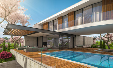 Fototapeta premium 3d rendering of modern cozy house on the hill with garage and pool for sale or rent. Fresh spring day with a blooming trees with flowers of sakura on background.