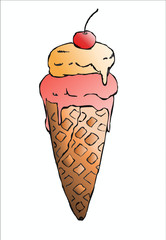 Hand drawn ice cream cone on white background