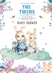 Cute watercolor Twins Bunny birthday greeting cards,posters for baby room, baby shower, invite, kids and baby t-shirts and wear. Hand drawn nursery illustration. Funny animal and cotton