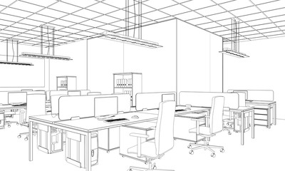 office contour visualization, 3D illustration, sketch, outline