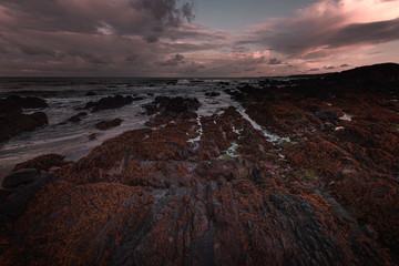Dawn scene on Pembrokeshire coast, South Wales,UK with beautiful morning light on scenic rocky beach during low tide in Freshwater West.Coastal landscape.Seascape with atmospheric mood.Twilight.