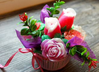 Bouquets of flowers made of handmade soap. 