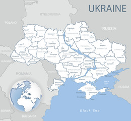 Blue-gray detailed map of Ukraine and administrative divisions and location on the globe. Vector illustration © gt29