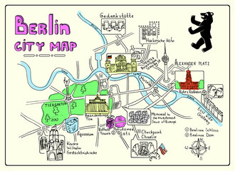 Illustrated map of Berlin, Germany. Doodle sketch map. Illustrations of attractions. Vector color illustration with various symbols of Germany. Travel and leisure. Design for banner, poster or print. - obrazy, fototapety, plakaty
