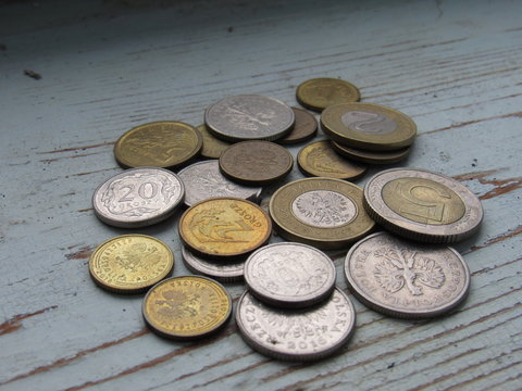 set of polish coins on the wood background
