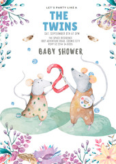 The cute Twins Mouse birthday greeting cards. Hand drawn nursery watercolor illustration for baby shower