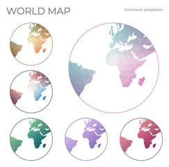 Low Poly World Map Set. Gnomonic projection. Collection of the world maps in geometric style. Vector illustration.