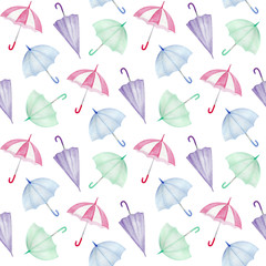 Delicate seamless pattern. Watercolor open and closed umbrellas on a white background. Pastel colors. Can be used for fabric design, wrapping paper, wall paper. Fashion texture in minimal style
