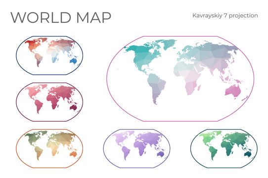 Low Poly World Map Set. Kavrayskiy VII pseudocylindrical projection. Collection of the world maps in geometric style. Vector illustration.