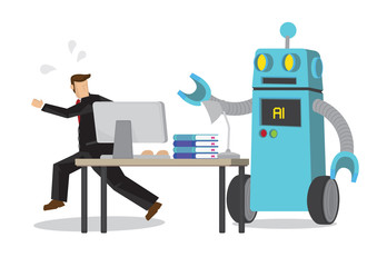 Robot chase away office worker by doing his job. Isolated vector cartoon illustration.