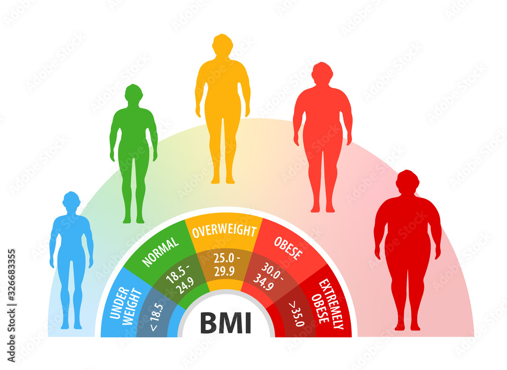 Wall mural body mass index. weight loss. body with different weight. man with different obesity degrees. vector