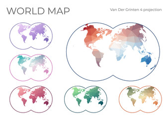 Low Poly World Map Set. Van der Grinten IV projection. Collection of the world maps in geometric style. Vector illustration.