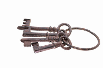 Old rusty keys isolated on white background
