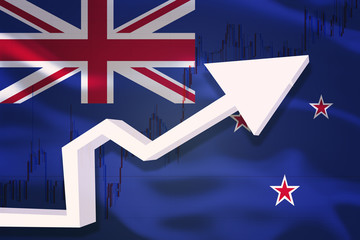 New Zeland growth chart. White 3D arrow and stocks chart grows up on the background of waving flag of the country.