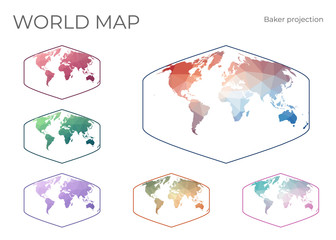 Low Poly World Map Set. Baker Dinomic projection. Collection of the world maps in geometric style. Vector illustration.