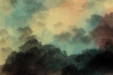 Painting of abstract green & yellow forrest background 