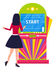 Woman playing gambling machine with touchscreen monitor, start game. Female player and level of video-game, colorful casino equipment, entertainment vector