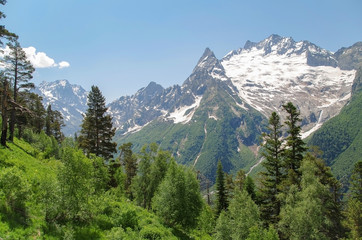 Dombay. View from the Mussa-Achitara mountain. Nature and travel. Russia, North Caucasus, Karachay-Cherkessia