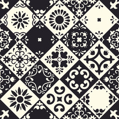 Mexican talavera seamless pattern. Ceramic tiles with flower, leaves and bird ornaments in traditional majolica style from Puebla. Mexico floral mosaic in classic black and white. Folk art design. - 326686591