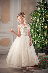 portrait of a girl in a beautiful dress on a background of the Christmas tree