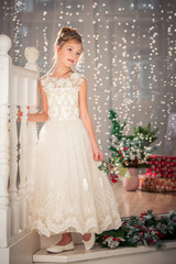 Portrait of a girl in an elegant dress on a background of garland lights in blurry focus
