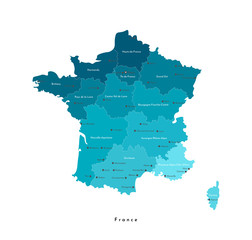 Vector isolated modern illustration. Simplified geographical  map of France (Mainland region). Blue shape, whie background. Names of big french cities and regions