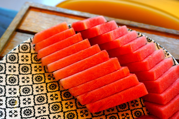 A platter of sliced fresh watermelon